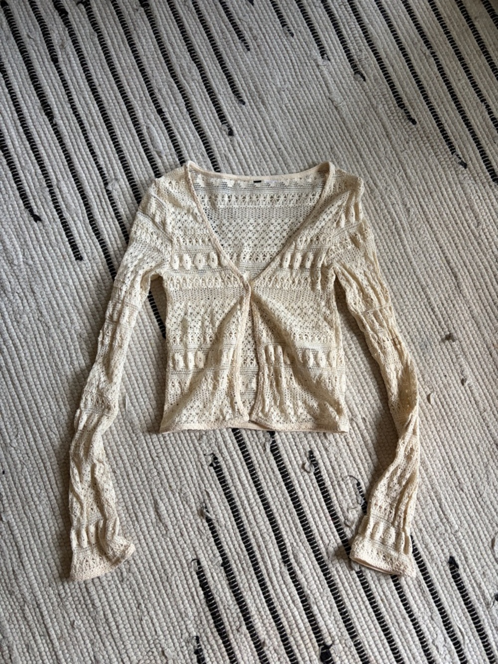 Crochet V-Neck Long Sleeve Top in Cream